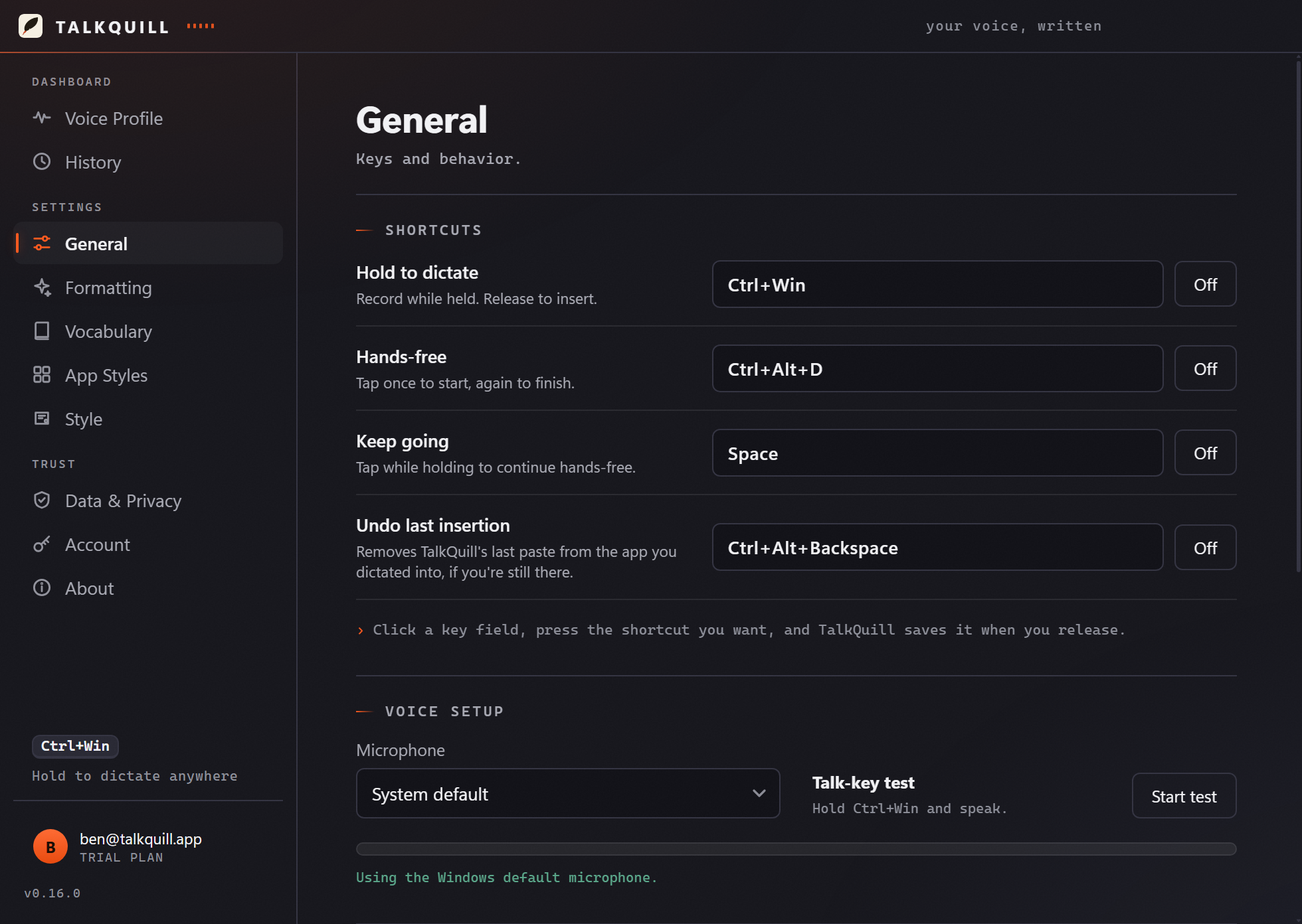 Whurd's General settings with push-to-talk keys and behavior toggles like launch at login and soft sounds