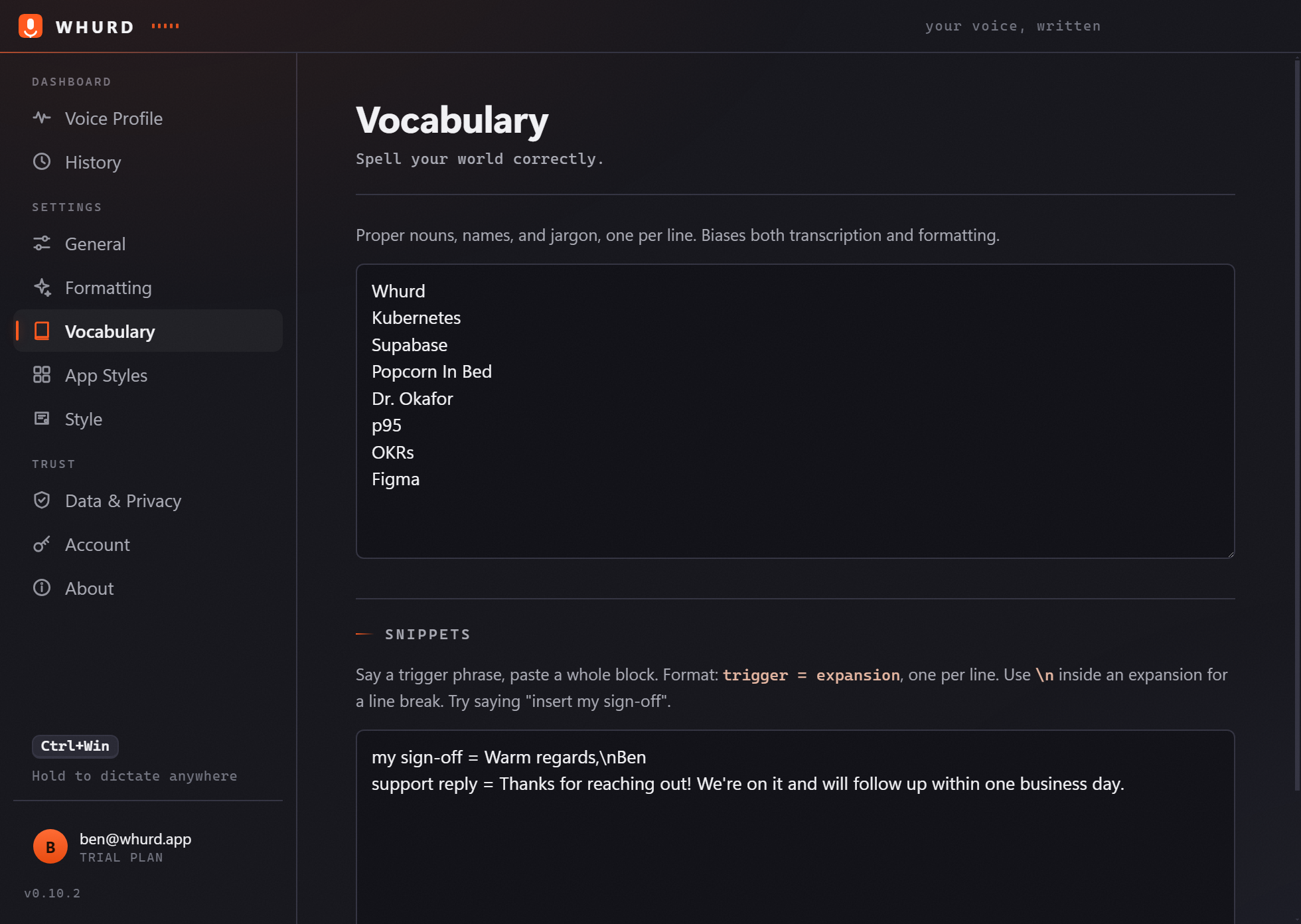 Whurd's Vocabulary screen with custom words and spoken snippets that expand into saved text blocks