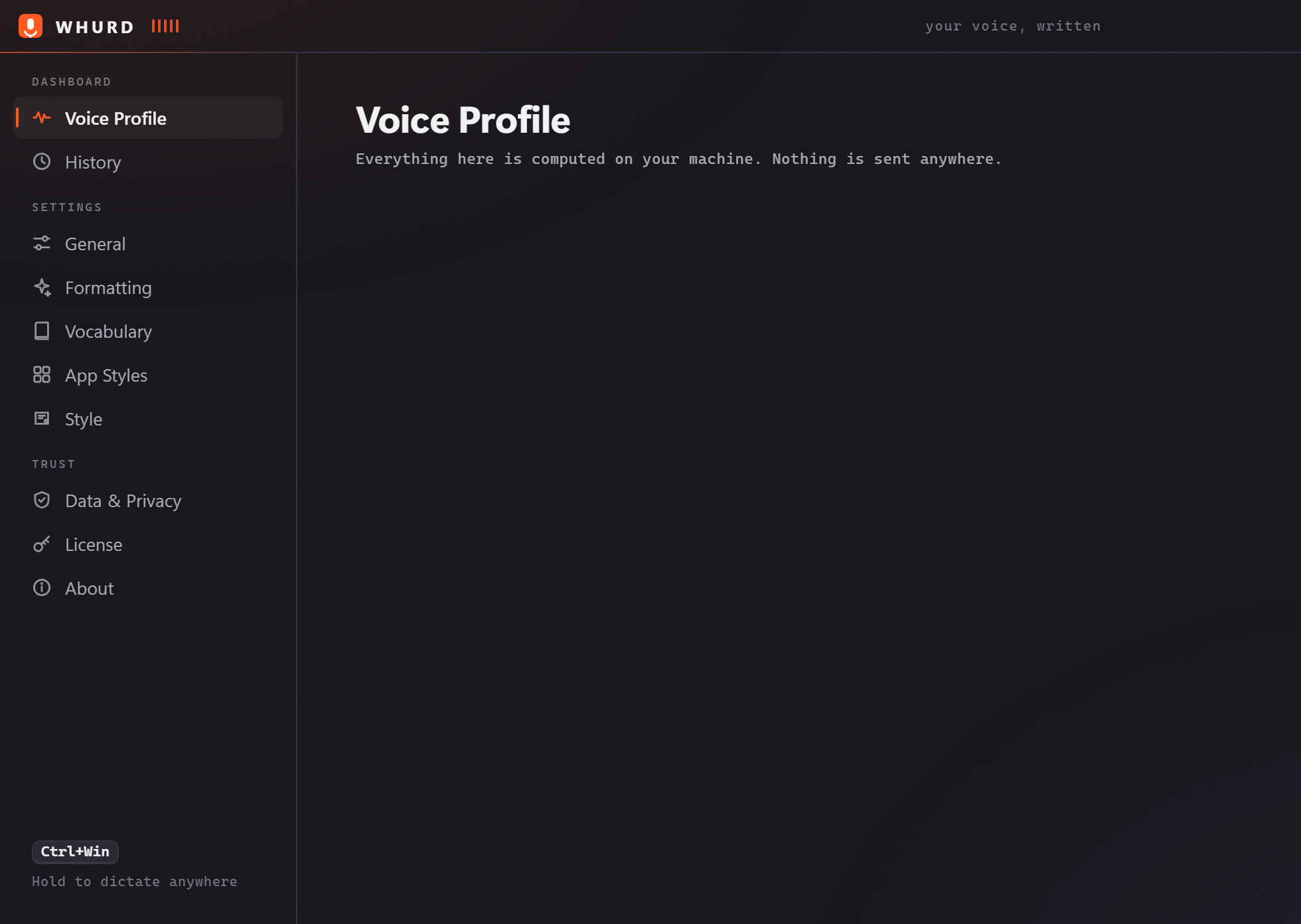 Whurd's Voice Profile screen showing 1.6 days saved versus typing, 127,482 words dictated, a 14 day streak, and an activity heatmap